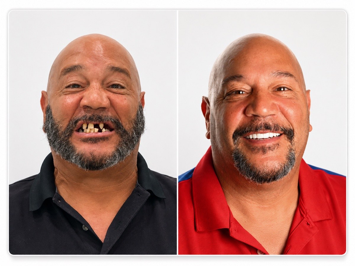 Full-arch dental implant reconstruction before and after, Naples patient