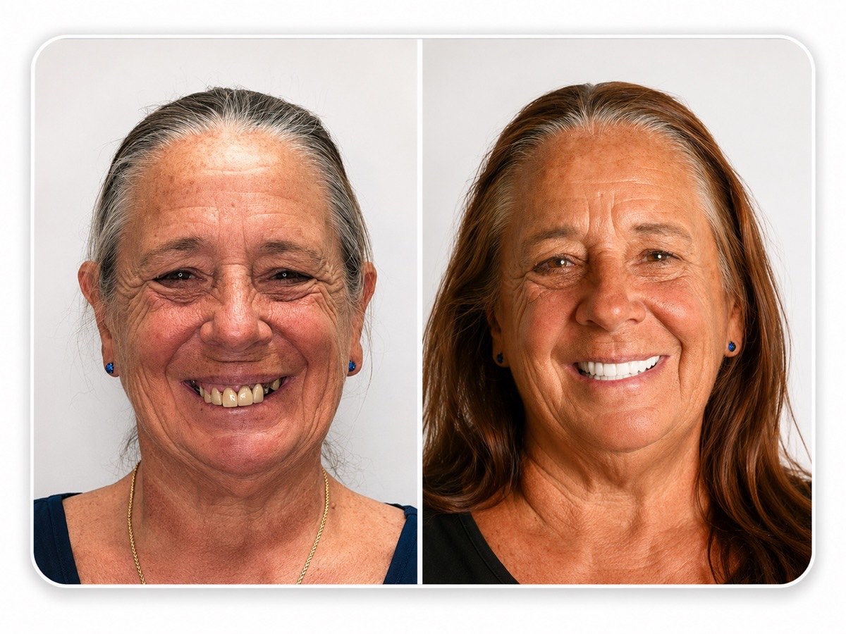 Upper and lower dental implants before and after, Fort Myers patient