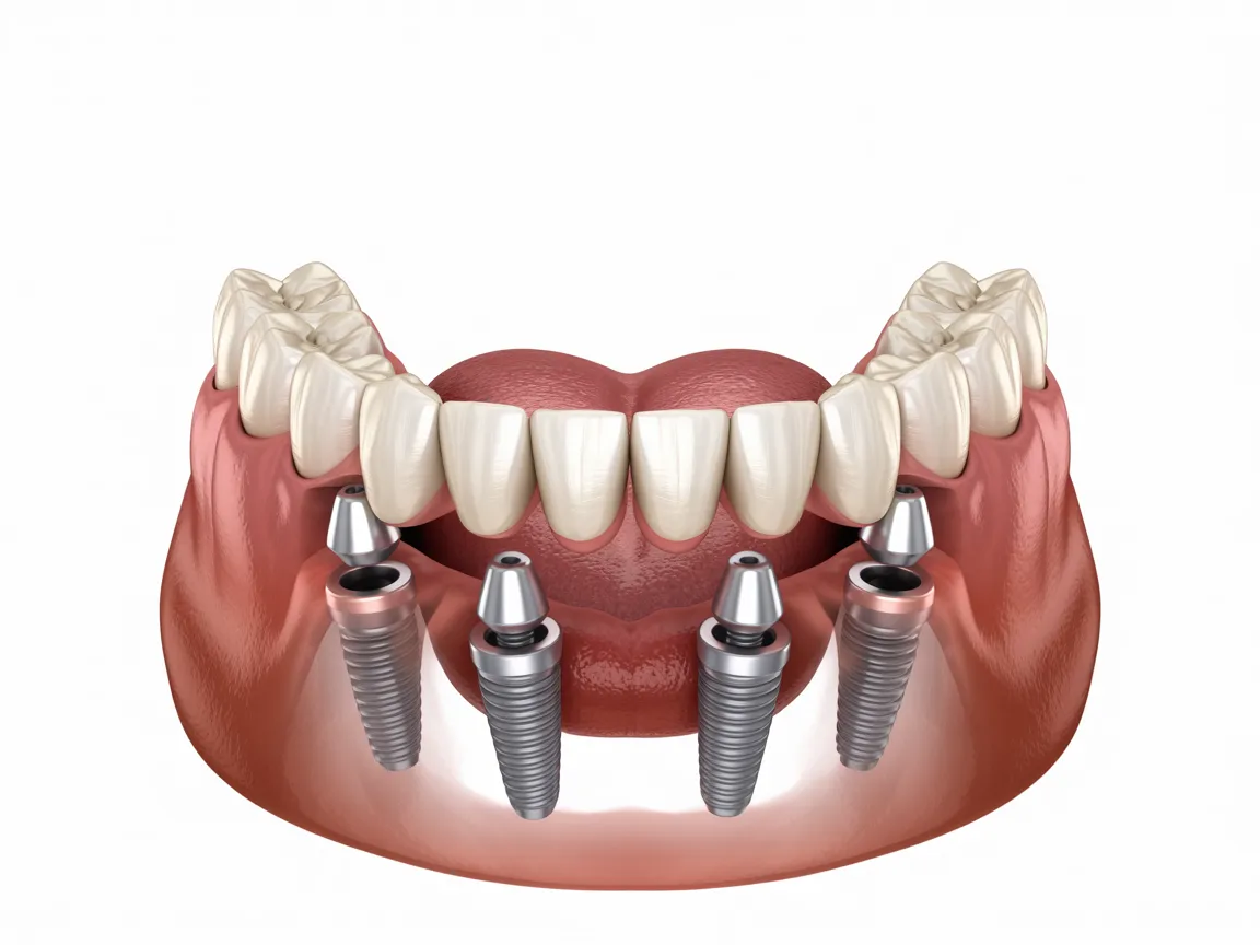 Full-arch dental implant restoration showing 6 titanium implants supporting a complete row of white ceramic teeth with natural gum tissue